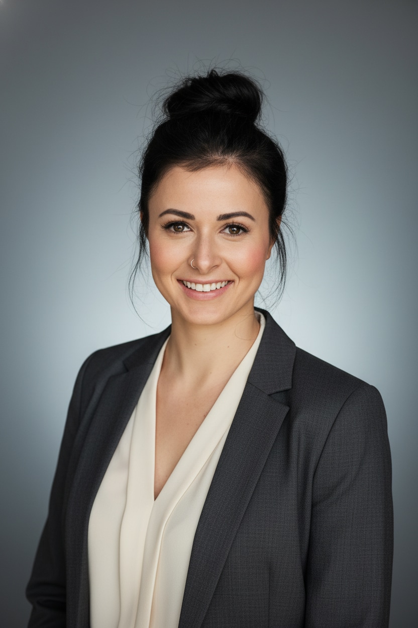 Professional corporate studio headshot with preserved authenticity